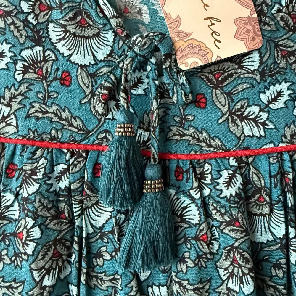 Band of the Free puff sleeve pocket short mini dress Aqua Teal floral BOG Small - Picture 9 of 16